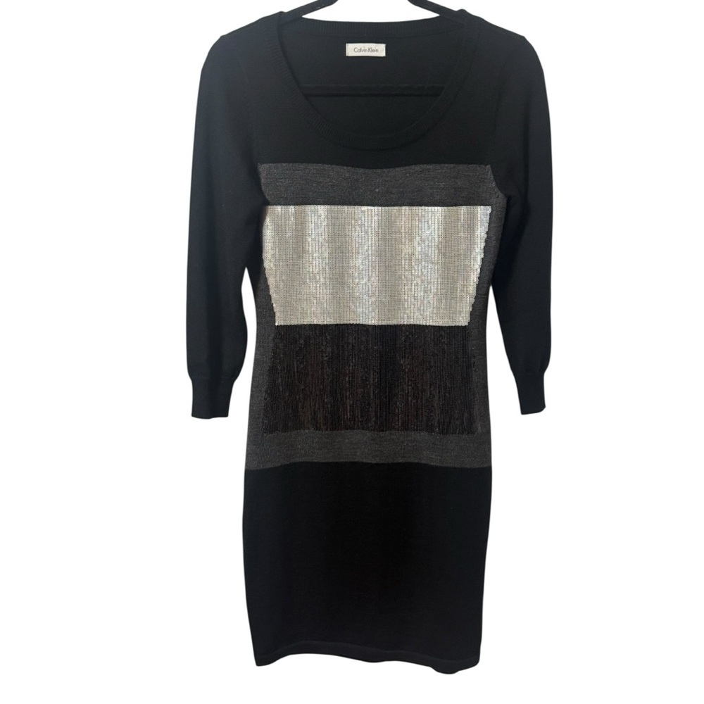 Calvin Klein Black Knit Sequin Dress Small Colour Block Silver Grey Fitted - Picture 4 of 8